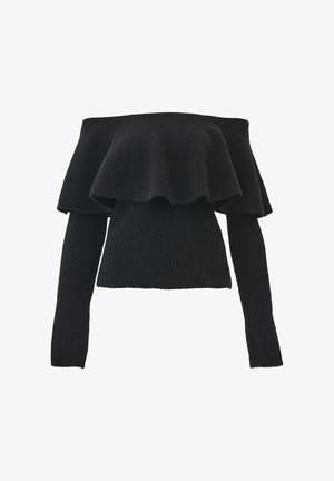 Pull noir à col bardot avec une texture côtelée, doté d'un large volant au niveau de l'encolure et de manches longues ajustées.