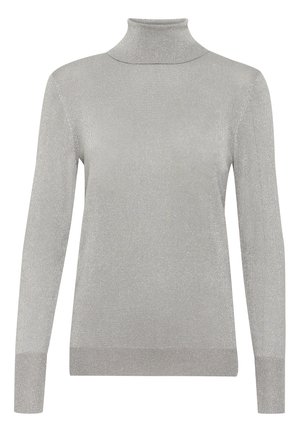 Silverfärgad polotröja i en mjuk, blank stickning. Tight passform med långa ärmar och ribbade ärmslut, som har en subtil glittrande effekt.