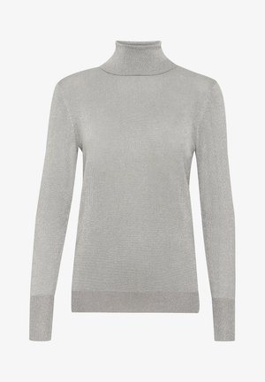 Silberner Rollkragenpullover aus weichem, glänzendem Strick. Figurbetontes Design mit langen Ärmeln und gerippten Bündchen, das einen subtilen Schimmereffekt aufweist.