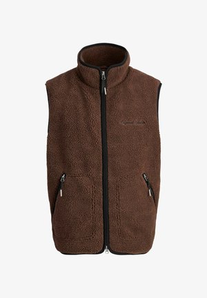 Brūns bezpiedurkņu polārvests ar augstu apkakli, melna rāvējslēdzēja aizdare, divas kabatas ar rāvējslēdzēju sānos un diskrēts izšūts logo uz krūtīm.