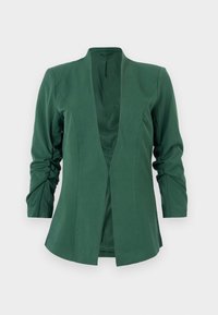 Zelený upravený sako s dlouhými rukávy, mělkým výstřihem do V a řasením na rukávech. Vyrobeno z hladkého materiálu se strukturovaným designem.