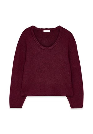 Kastanienbrauner, gestrickter, langärmeliger, kurzer Pullover mit weitem Rundhalsausschnitt und geripptem Kragen.