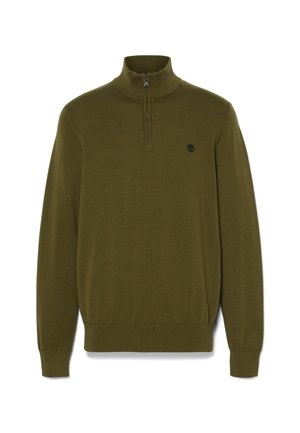 Olivengroene gebreide pullover met een hoge kraag, halve ritssluiting en een klein logo op de borst. Ribgebreide manchetten en zoom. Zachte textuur.