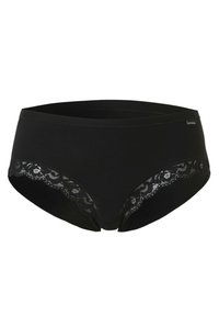 Zwarte katoen hipsterondergoed met kant langs de tailleband, met een gladde textuur en een golvende randafwerking.