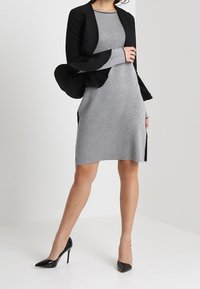 Veste noire à manches longues portée sur une robe grise. La robe est d'une longueur au genou avec des fentes latérales. Le modèle porte des chaussures noires à talons hauts.