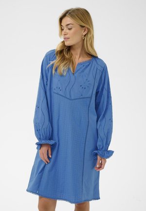 Femme aux cheveux blonds portant une robe bleue ample avec des motifs floraux brodés et de longues manches bouffantes, tournée vers la gauche sur fond blanc.