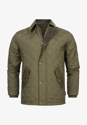 Olive green quilted jacket with a stand collar, featuring a zip front, two angled side pockets, and ribbed cuffs. Corduroy accents on the collar.
