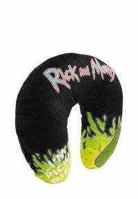 Black U-shaped neck pillow with a soft texture, featuring "Rick and Morty" text and green pickle design with a slime pattern.