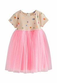Robe pour tout-petit à manches courtes avec haut beige orné de pois multicolores et jupe ample en tulle rose.