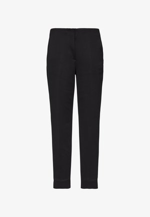 Black tailored trousers with a slim fit, featuring a smooth texture and clean lines, designed with a standard waistband and no visible fastenings.