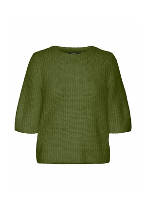 Groene gebreide trui met een ronde hals, korte mouwen en een textuurstof. Heeft een losse, vierkante pasvorm en een zachte, warme uitstraling.