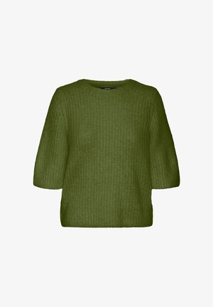 Zielony sweter dziany z okrągłym dekoltem, krótkimi rękawami i teksturowaną tkaniną. Charakteryzuje się luźnym, pudełkowym krojem oraz miękkim, ciepłym wyglądem.