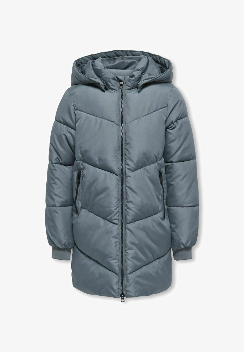 Párnázott szürke parka dzseki kapucnival, chevron varrással, elülső cipzárral és két oldalsó zsebbel, fekete cipzárral.