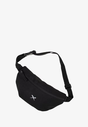 Black fabric waist bag with adjustable strap and zipper, featuring a small white crossed sword logo on the front.