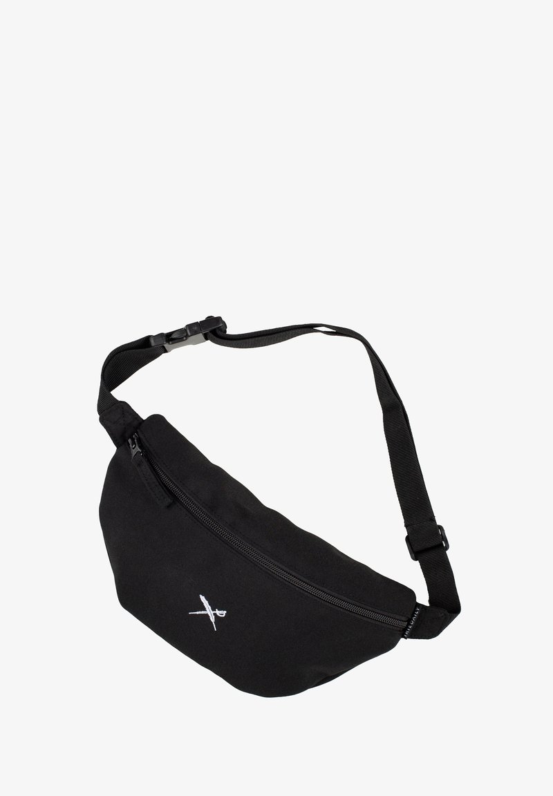Black fabric waist bag with adjustable strap and zipper, featuring a small white crossed sword logo on the front.