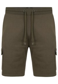 Olijfgroene cargoshorts met een tailleband met trekkoord, zijzakken en een gladde katoenmix stof. Heeft stikselaccenten op de zakken.