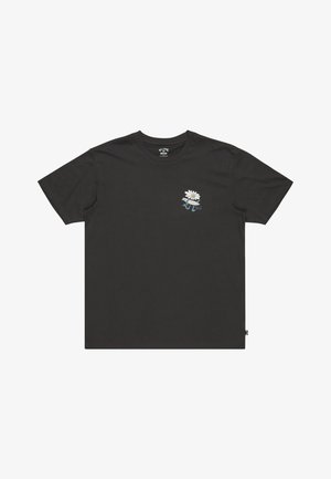 Schwarzes Baumwoll-T-Shirt mit kurzen Ärmeln und Rundhalsausschnitt. Auf der Brust befindet sich ein kleines grafisches Motiv einer Blume in Weiß, Gelb und Blau.