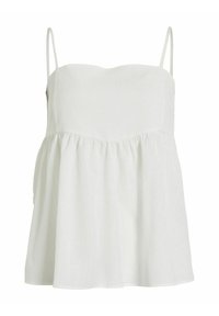 Vit ärmlös topp med rundad halsringning, texturerad tyg och en utsvängd, samlad nederkant för en lös passform. Justerbara tunna band.