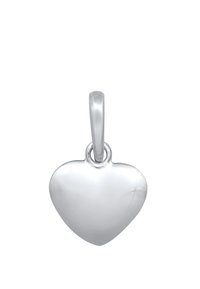 Pendentif en argent en forme de cœur avec une surface lisse et polie et une boucle d'attache simple en haut. Mesure environ 2 cm de hauteur.