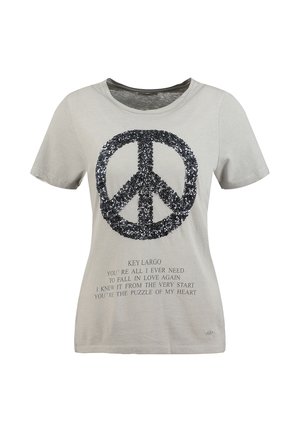 T-shirt a maniche corte grigio chiaro con simbolo di pace in paillettes nere e citazione stampata su amore e il puzzle del cuore.