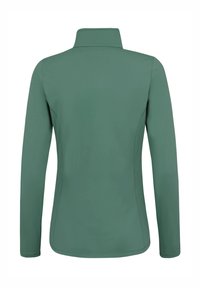 Maglia a maniche lunghe con colletto in morbido tessuto verde. Texture liscia con silhouette aderente, senza motivi visibili né hardware. Design della parte posteriore semplice.