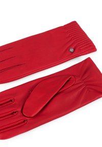 Pair of long red leather gloves with gathered wrist detailing and three stitched lines on the back of each glove.