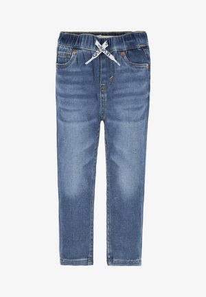 Jeans in denim di colore azzurro chiaro, con una vita elasticizzata adornata da un laccio bianco, cinque tasche e un leggero sbiadimento lungo le gambe.