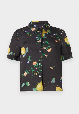 Zwart overhemd met korte mouwen en knopen, voorzien van een kraag en een kleurrijk bloemen- en citroenenprint.
