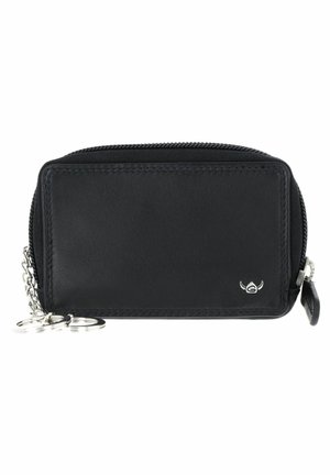 Black leather key pouch with zipper closure, silver key rings on chain, and small silver brand logo on front corner.