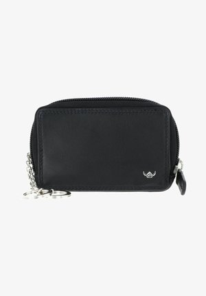 Black leather key pouch with zipper closure, silver key rings on chain, and small silver brand logo on front corner.