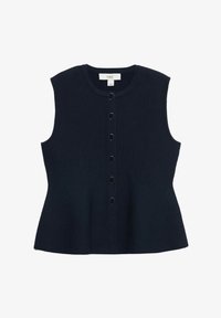 Top sin mangas de color navy en tejido de punto texturizado, con un escote redondo y una fila de botones circulares de tono dorado en el centro.