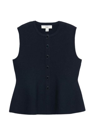 Granatowa bezrękawnik w teksturowanej dzianinie, z okrągłym dekoltem i rzędem okrągłych, złoconych guzików na środku.