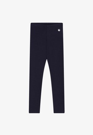 Granatowe leginsy o pełnej długości z małym białym logo żaglówki w pobliżu talii po prawej stronie.