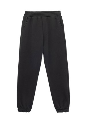 Pantalons de jogging noirs en coton doux mélangé, avec une taille élastique, des poches sur les côtés et des poignets fuselés. Sans motifs ni ornements.