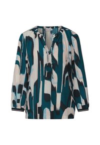 Blouse à motif teal et crème avec un décolleté en V et un détail noué. Dotée de manches longues avec des poignets élastiques et une coupe décontractée.