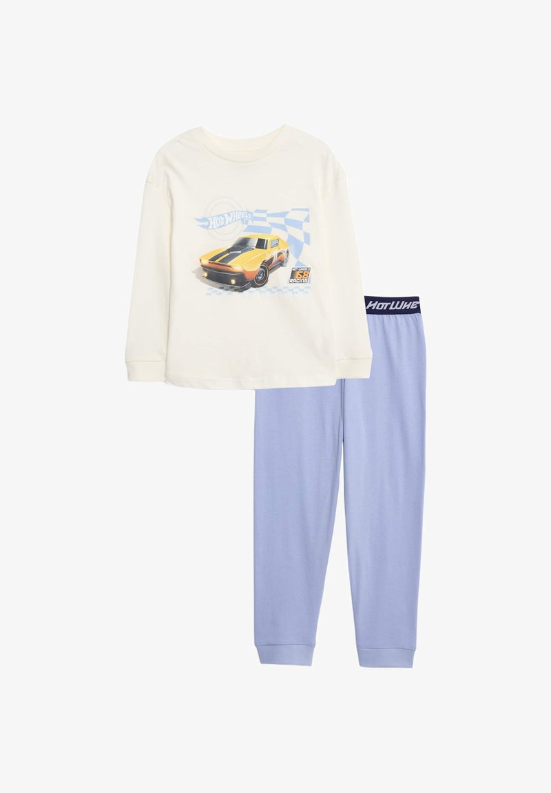 Camicia bianca a maniche lunghe con grafica di auto e bandiera a scacchi blu, abbinata a pantaloni elastici azzurri per bambini.