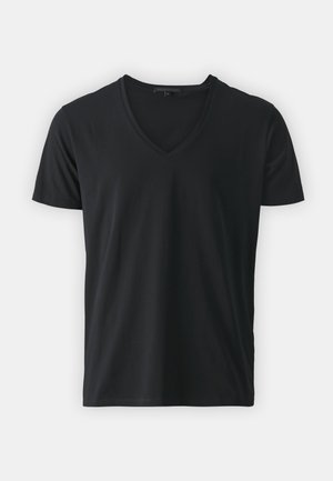 Black short-sleeve t-shirt made of soft fabric, featuring a V-neck design and a simple, smooth texture without patterns or accents.