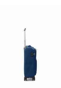 Maleta azul con ruedas, con un mango telescópico, fabricada en material duradero, dos compartimentos con cremallera y cuatro ruedas giratorias para facilitar la maniobrabilidad.
