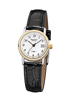 Montre-bracelet avec cadran rond blanc, lunette en or, bracelet en cuir noir, chiffres horaires numériques, affichage de la date à 3 heures, et trois aiguilles noires.