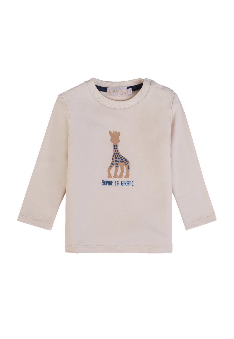 Maglietta a maniche lunghe color crema con grafica di una giraffa con pois blu e testo "SOPHIE LA GIRAFFE" sottostante. Materiale in cotone morbido.