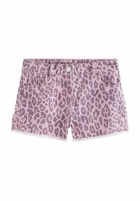 Traper šortsevi s leopard uzorkom u svijetlo ružičastoj i ljubičastoj boji. Imaju prednje džepove, frčkasti rub i metalno kopčanje.