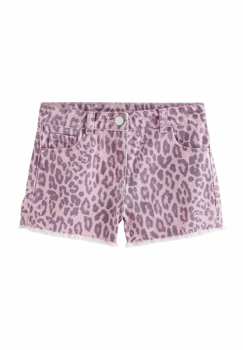 Traper šortsevi s leopard uzorkom u svijetlo ružičastoj i ljubičastoj boji. Imaju prednje džepove, frčkasti rub i metalno kopčanje.