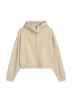 Beige cropped hoodie met rits, lange mouwen, een ritssluiting aan de voorkant en een losse pasvorm.