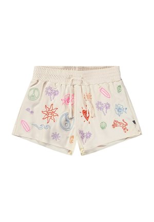 Shorts couleur crème ornés de diverses broderies, dont un soleil, des vagues, un symbole de paix, des palmiers et un tigre. Taille élastique.