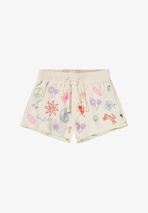 Shorts couleur crème ornés de diverses broderies, dont un soleil, des vagues, un symbole de paix, des palmiers et un tigre. Taille élastique.