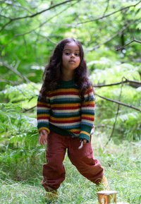 Gestreifter Strickpullover in Grün, Rot und Gelb; rostfarbene Cordhosen; steht auf Gras in einer natürlichen Umgebung mit Bäumen.