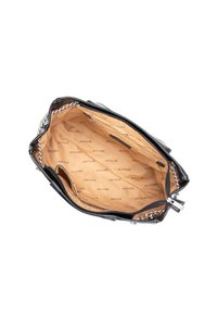 Borsa a tracolla in pelle nera con dettagli in catena, dotata di un ampio interno beige foderato con il marchio ripetuto "WITTCHEN" e scomparti con zip.