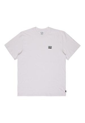 Hvid bomuld t-shirt med korte ærmer, rund halsudskæring og et lille flerfarvet bølgelogo på venstre bryst. Struktureret stof.