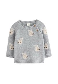 Maglione grigio lavorato a maglia con motivi di coniglietto, scollatura rotonda e bottoni in legno sulla spalla. Texture morbida con polsini a coste.