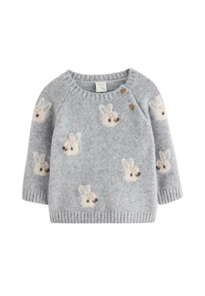 Maglione grigio lavorato a maglia con motivi di coniglietto, scollatura rotonda e bottoni in legno sulla spalla. Texture morbida con polsini a coste.
